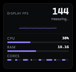 A panel showing frames per second alongside CPU, GPU and memory readings